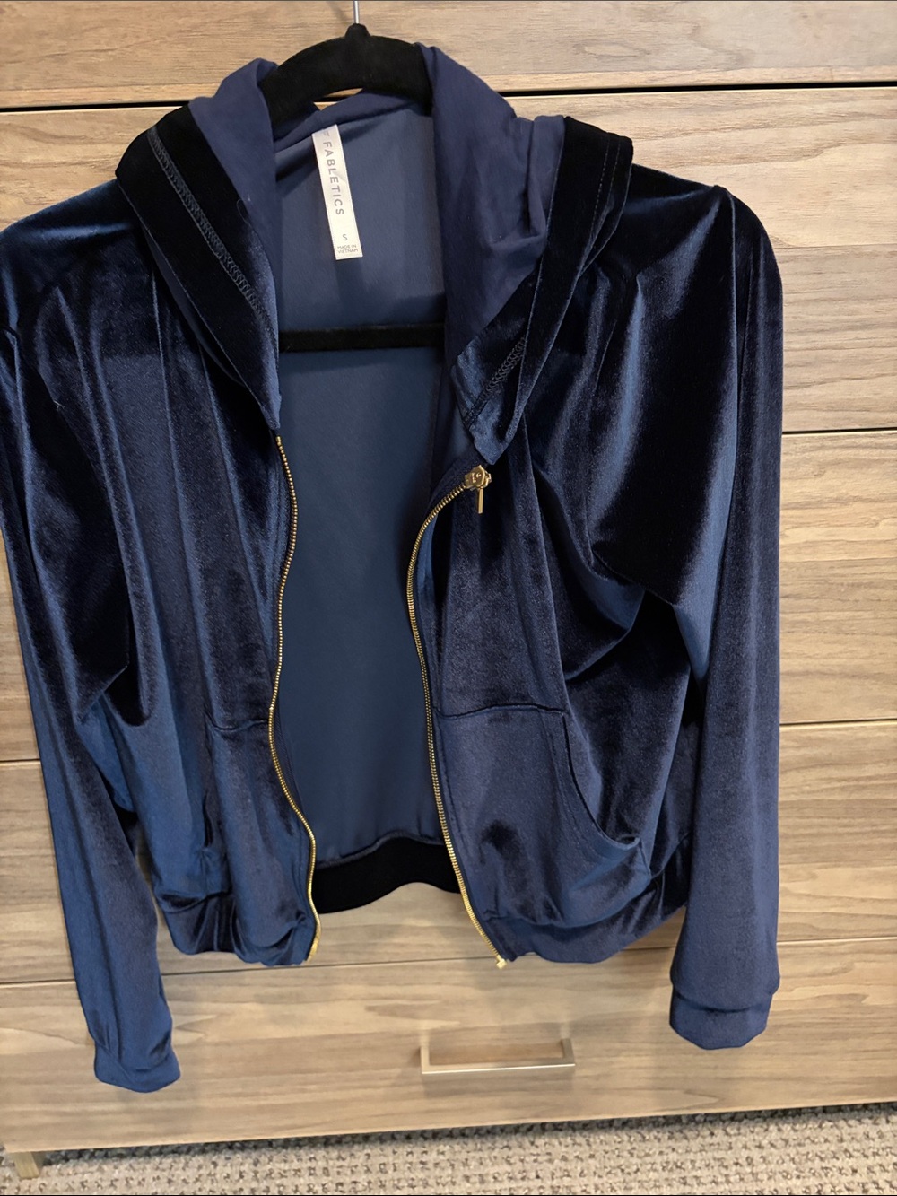 Fabletics Navy Velvet Zip Bomber Jacket with Gold Zipper